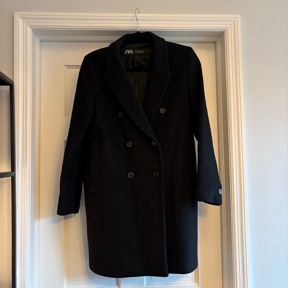 Black Double-Breasted Wool Coat Size XS